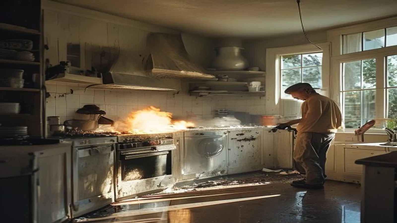 Fire-damaged kitchen the morning after with soot being cleaned