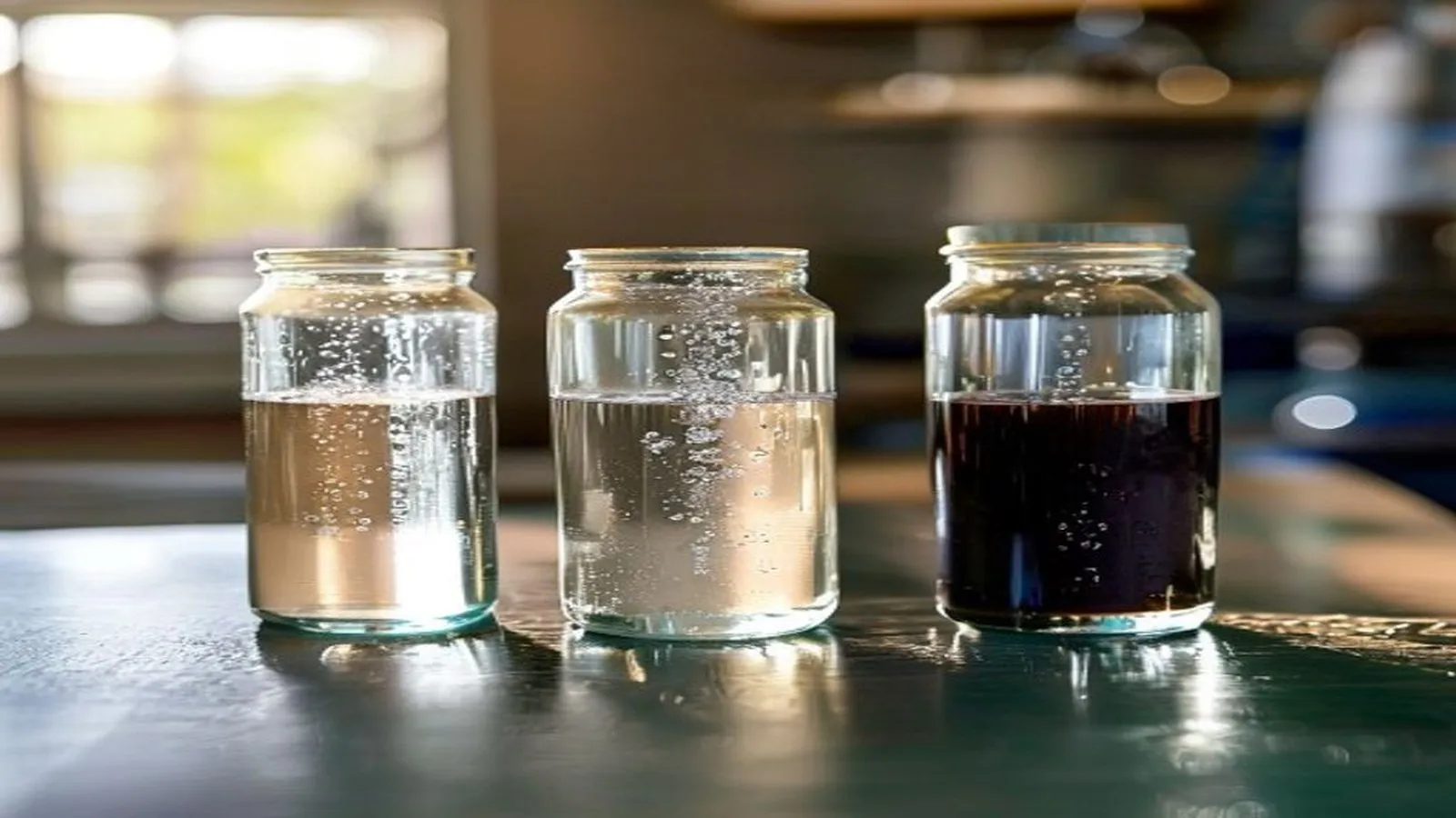 Three labeled water samples showing Cat 1, Cat 2, Cat 3 contamination