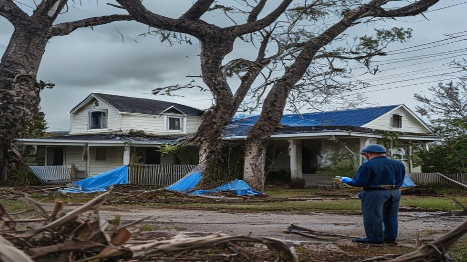 Hurricane-damaged Texas suburban home with blue tarps and adjuster inspection