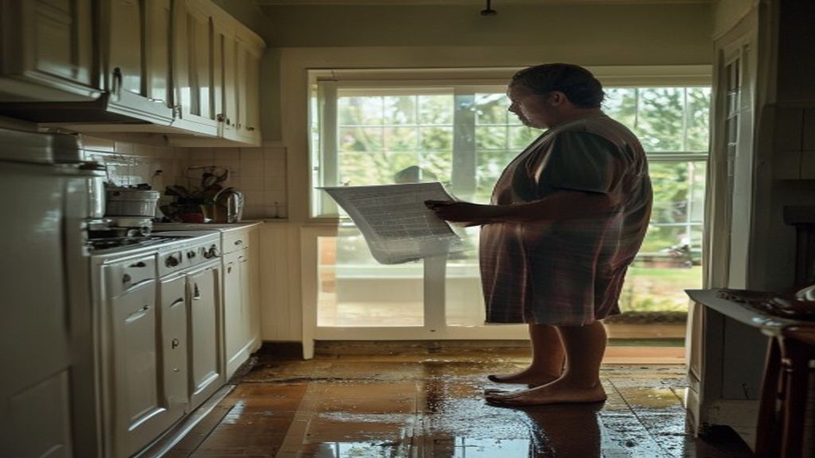 Homeowner holding a high water utility bill in a Texas suburban kitchen