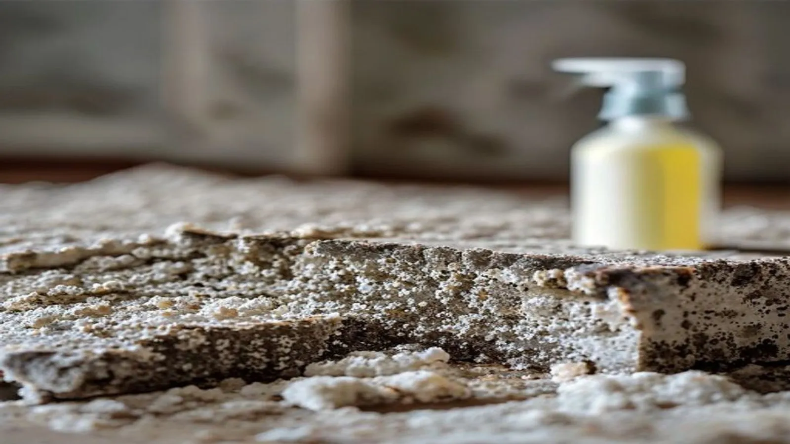 Drywall cross-section showing mold colonization beside a bleach bottle